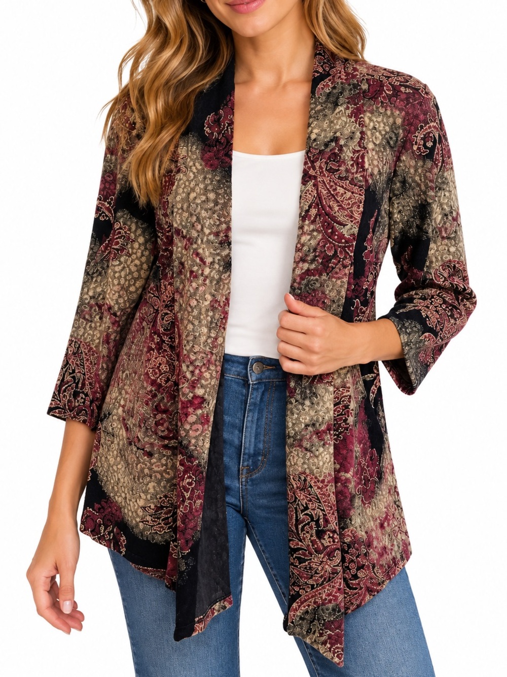 PETER NYGARD Floral Paisley Tapestry Open Front Cardigan Artsy Boho L